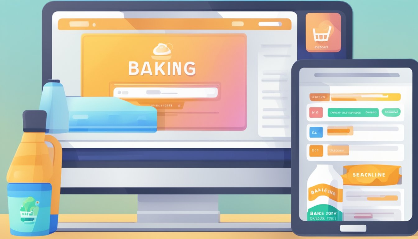 A computer screen showing a website with a "baking soda buy online" search bar, a cart icon, and various product options displayed