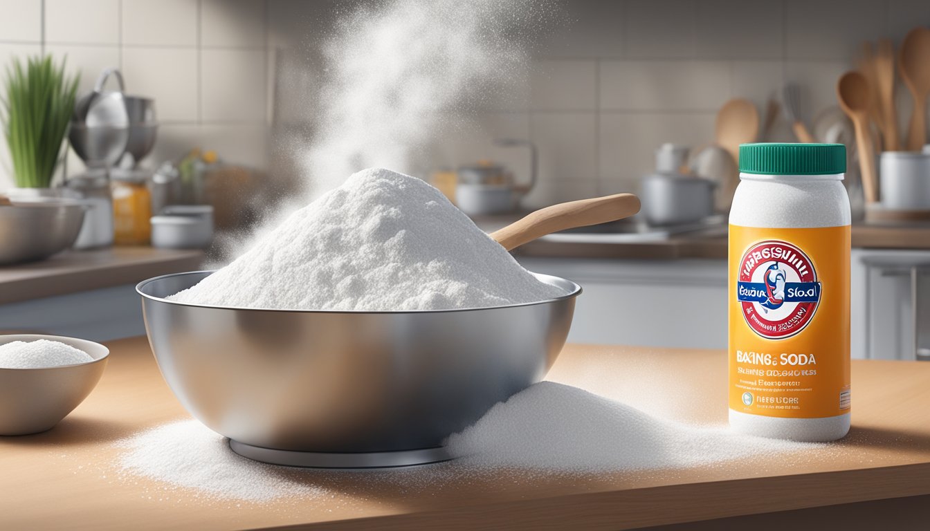 A box of baking soda sits on a kitchen counter beside a mixing bowl and measuring spoons. A cloud of powder floats in the air as it is being poured into the bowl