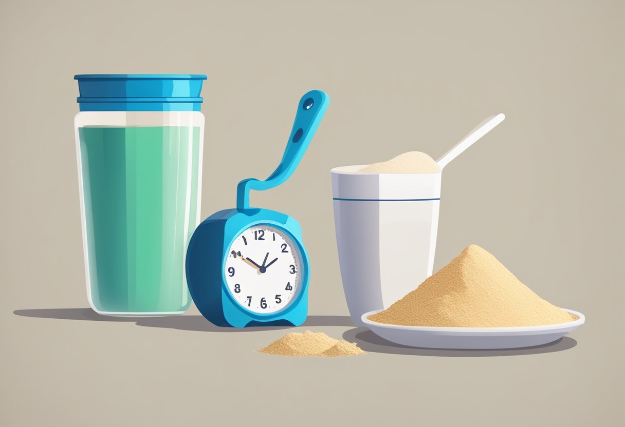 A scoop of protein powder next to a measuring cup, with a clock showing the time for one daily serving