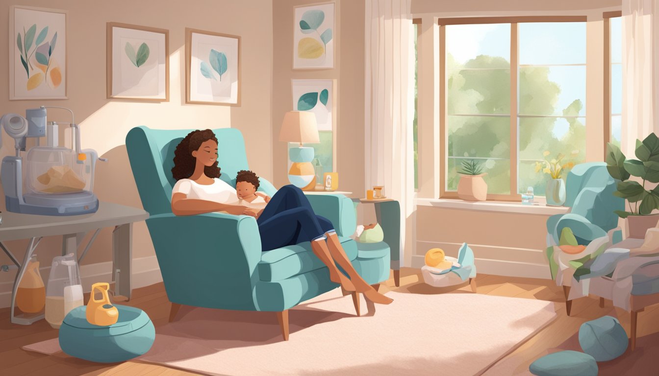 A mother sits in a cozy chair, surrounded by pillows and a table with a variety of breast pump options. The room is filled with natural light and a sense of calm