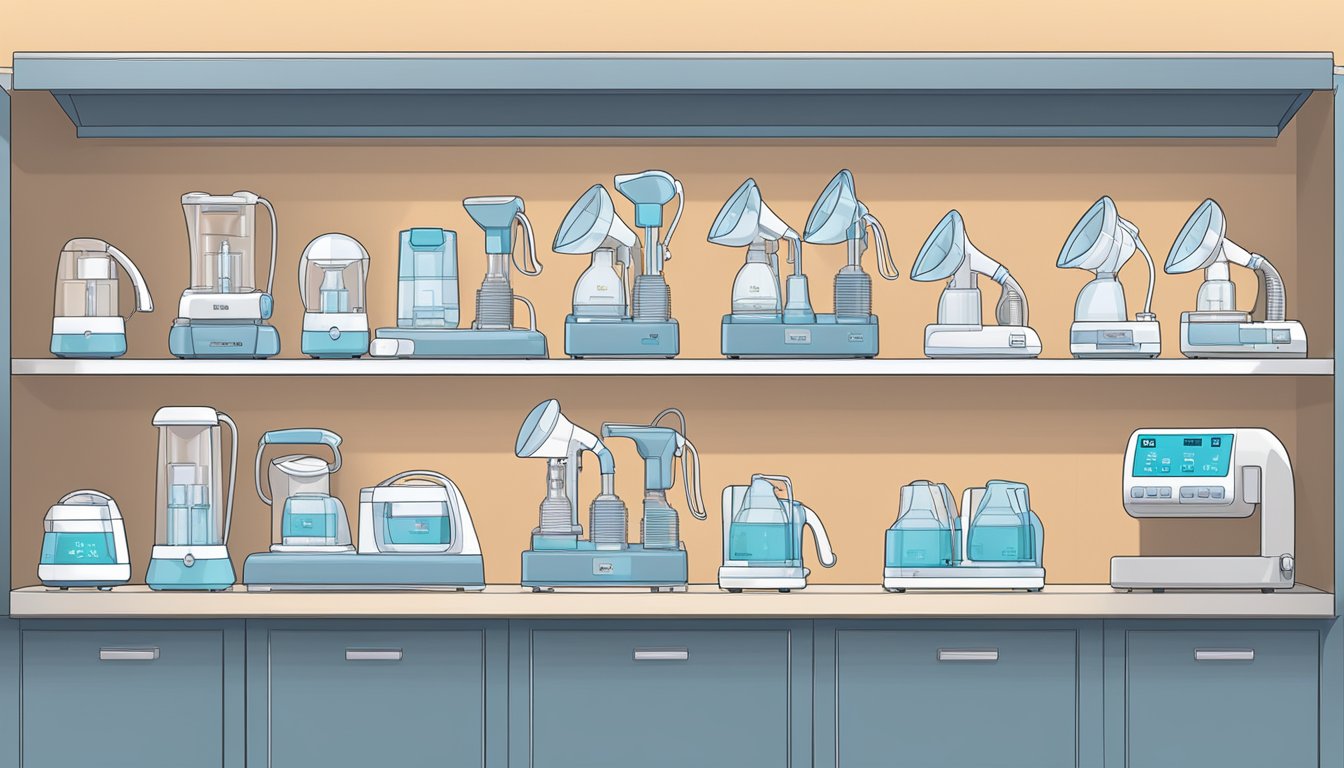 A variety of breast pumps displayed on shelves, with labels indicating different features and prices. Bright lighting highlights the products