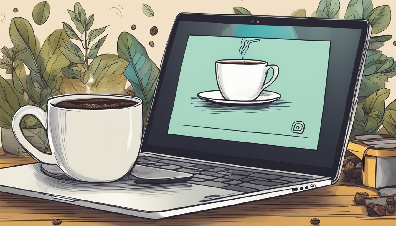A laptop with a "black coffee buy online" tab open, surrounded by coffee beans and a steaming mug