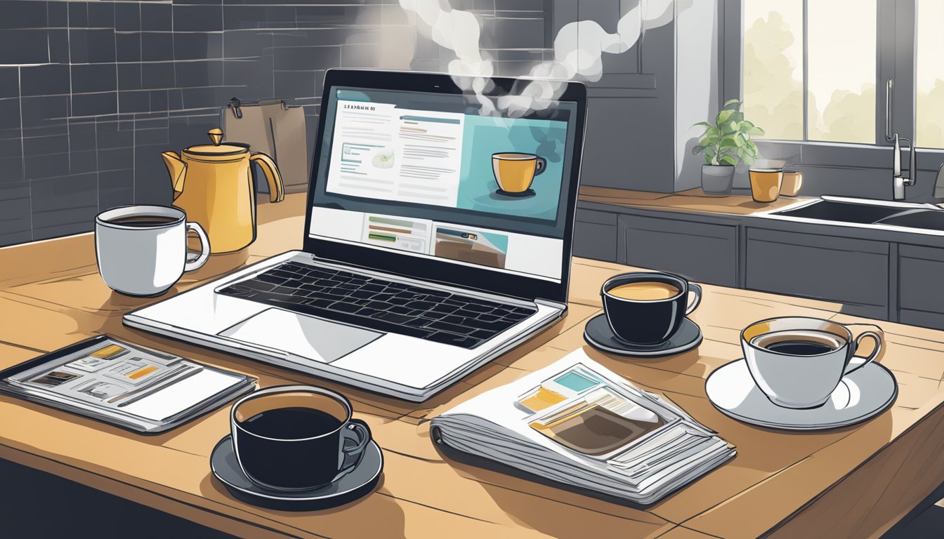A laptop sits open on a kitchen table, displaying a website with various black coffee options available for purchase. A steaming cup of black coffee sits nearby, emitting a rich aroma