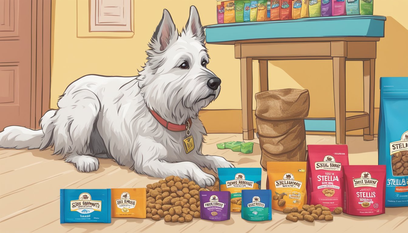 A dog sniffs a bag of Stella & Chewy's food, with a colorful display of products in the background