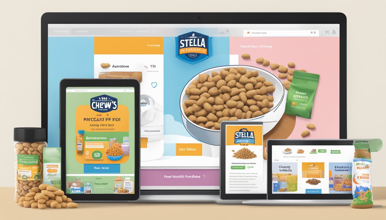 A computer screen displaying the Stella & Chewy's website with various pet food products and a "buy now" button highlighted