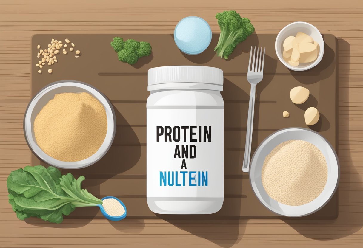 A scoop of protein powder next to a balanced meal, with a caption "Protein and Nutrient Balance. Protein 1x a day. When?"