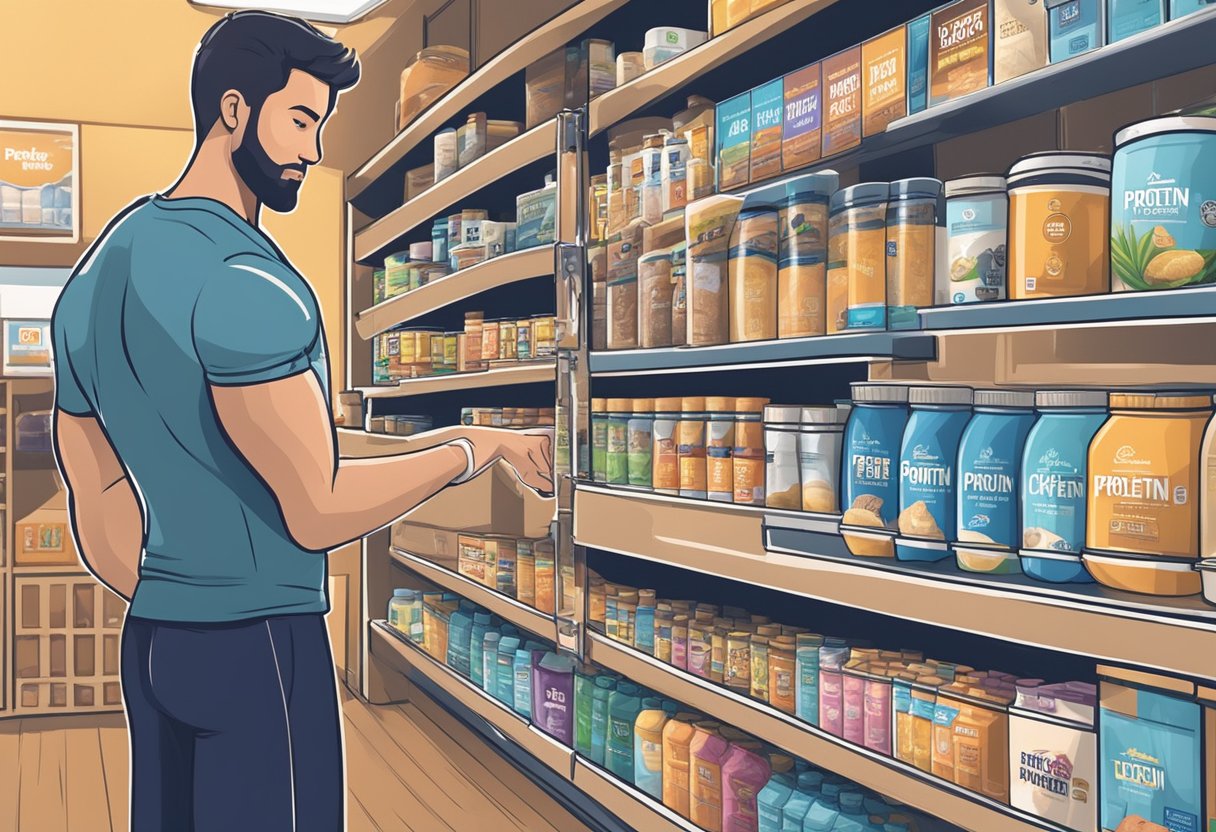 A hand reaching for a container of protein powder, with various brands and flavors displayed on shelves in the background