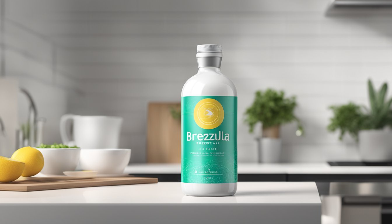 A bottle of Breezula sits on a sleek, modern countertop. The label is clean and professional, with bold lettering and a simple, sophisticated design
