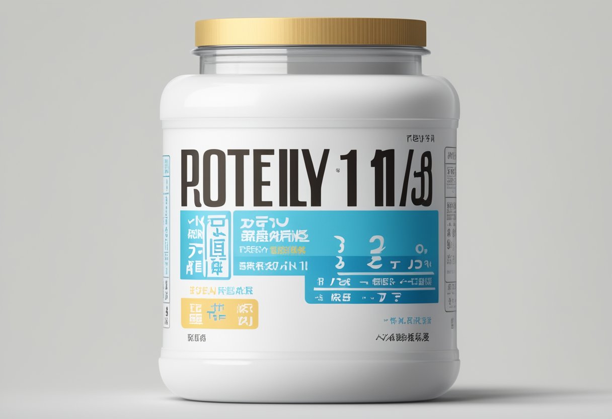 A jar of protein powder with Japanese text "Frequently Asked Questions プロテイン 1日1回 いつ" on label, against a clean, white background