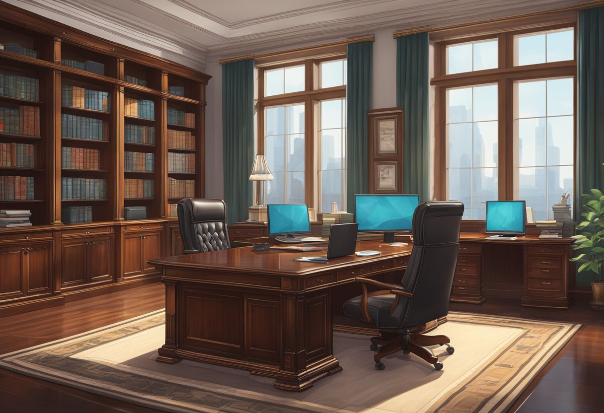 A luxurious office with a large mahogany desk, leather chairs, and shelves of expensive-looking books. A computer screen displays financial charts and graphs