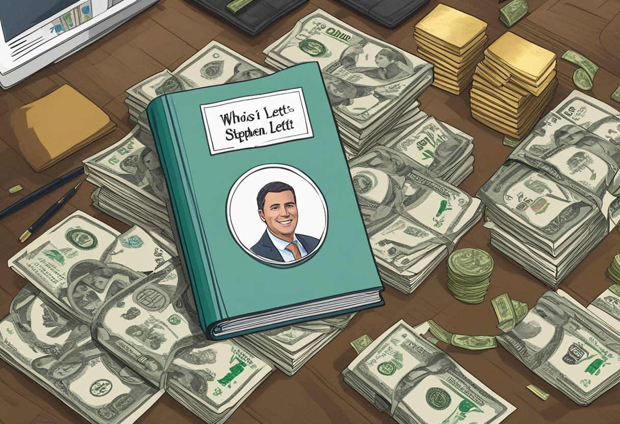 A book with "Who Is Stephen Lett" on a table, surrounded by money and assets, representing Stephen Lett's net worth