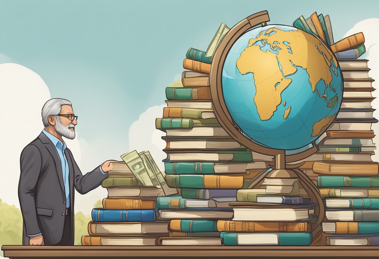 Stephen Lett's religious contributions shown through stacks of books and a globe, symbolizing global impact. Net worth represented by a scale with money bags on one side