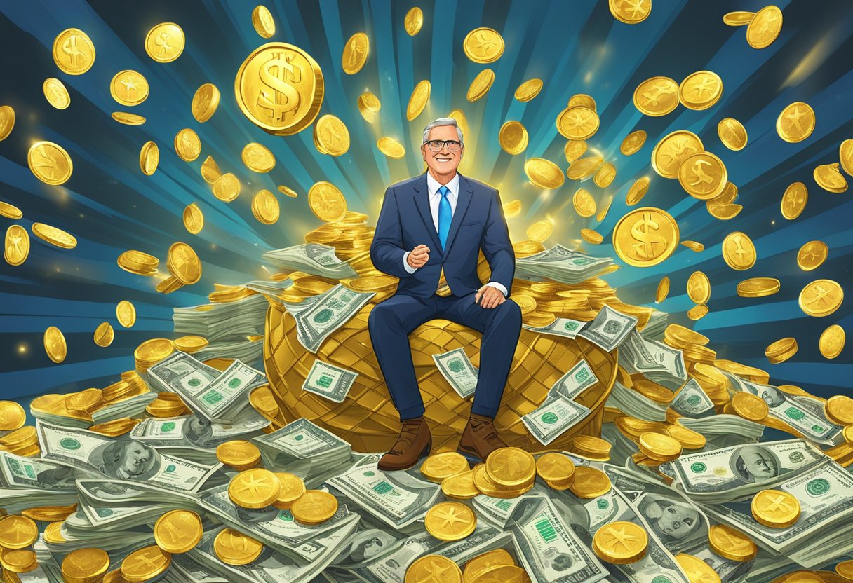 Stephen Lett's net worth is shining in the spotlight, symbolized by a large pile of gold coins and dollar bills, with a glowing halo around it