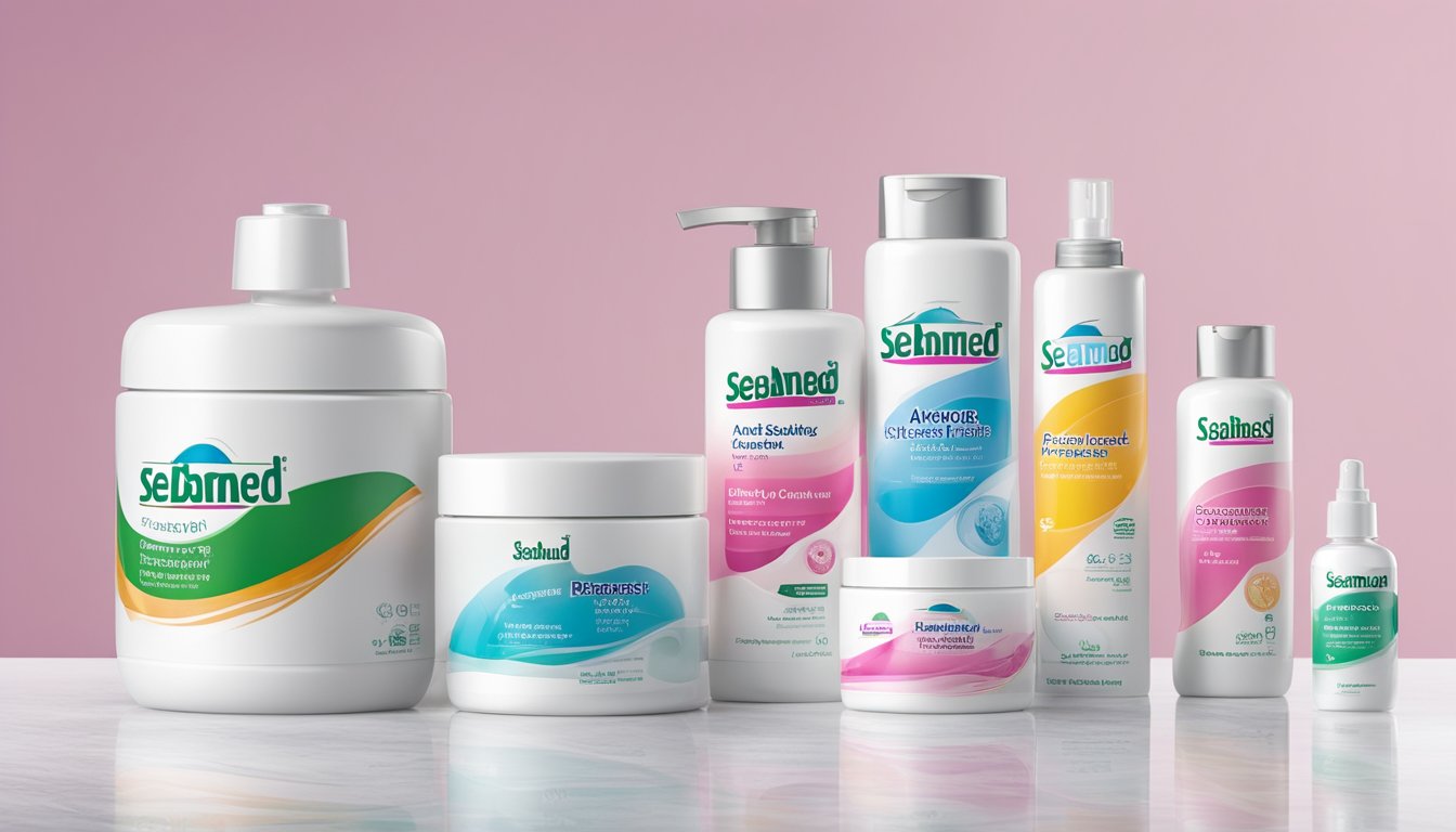 A display of Sebamed products arranged on a clean, white countertop with the brand's logo prominently featured