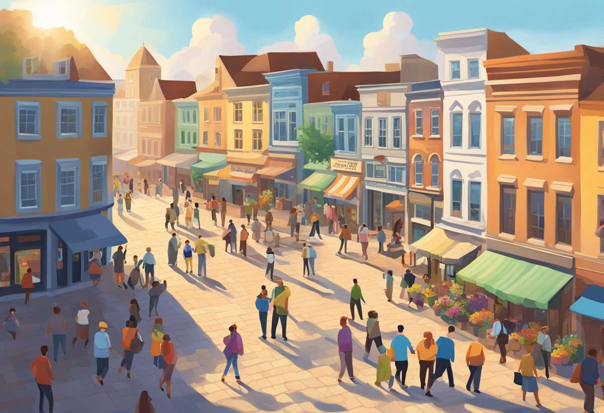 A bustling town square in Orient, OH, filled with diverse people and colorful buildings. The sun is shining, casting long shadows on the cobblestone streets