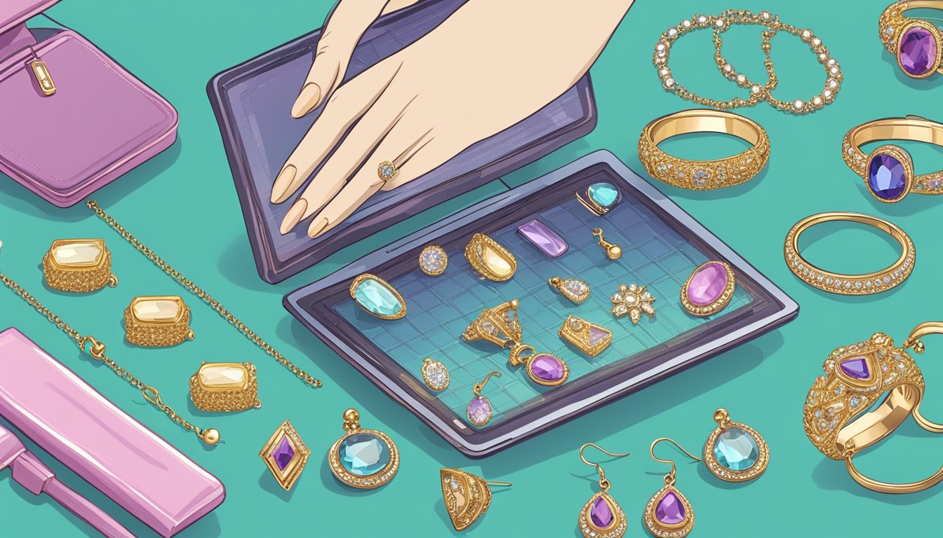 A computer screen displays a variety of imitation jewellery options. A hand moves a mouse to click on a pair of earrings