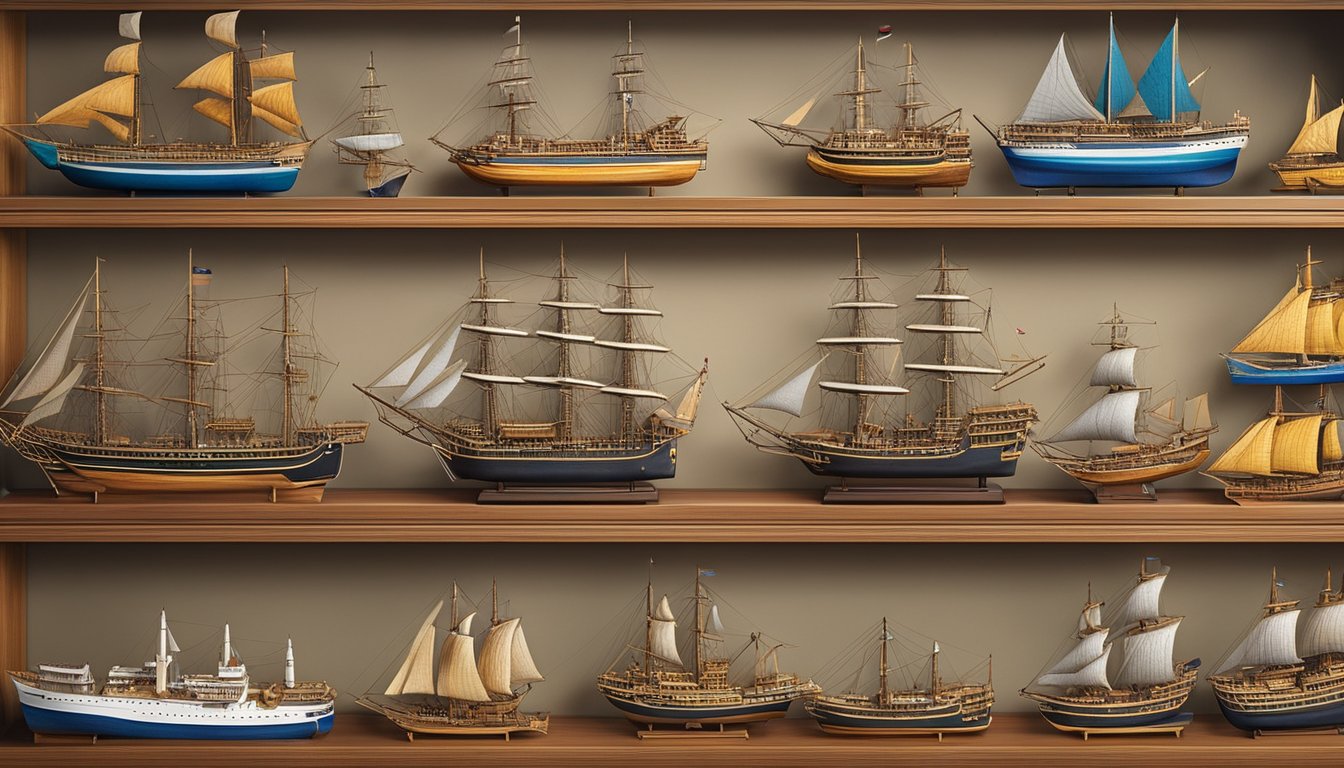 A diverse collection of intricate ship models displayed on shelves, with detailed craftsmanship and vibrant colors. The online store's logo is prominently featured, along with a variety of model ships in different sizes and styles