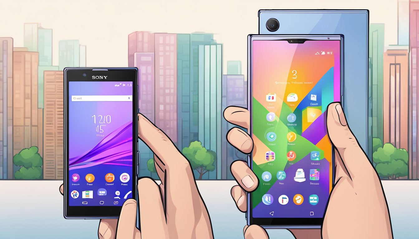 A hand reaches for a sleek Sony Xperia phone online. The screen displays the Xperia Range, with various models available for purchase