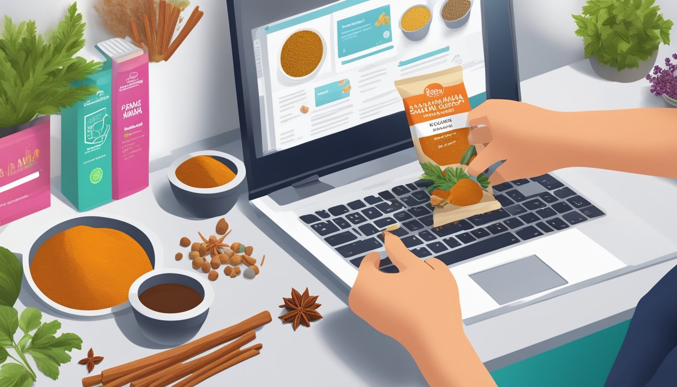 A hand reaches for a vibrant packet of chole masala powder, surrounded by various spices and ingredients, with a computer screen in the background displaying an online shopping website