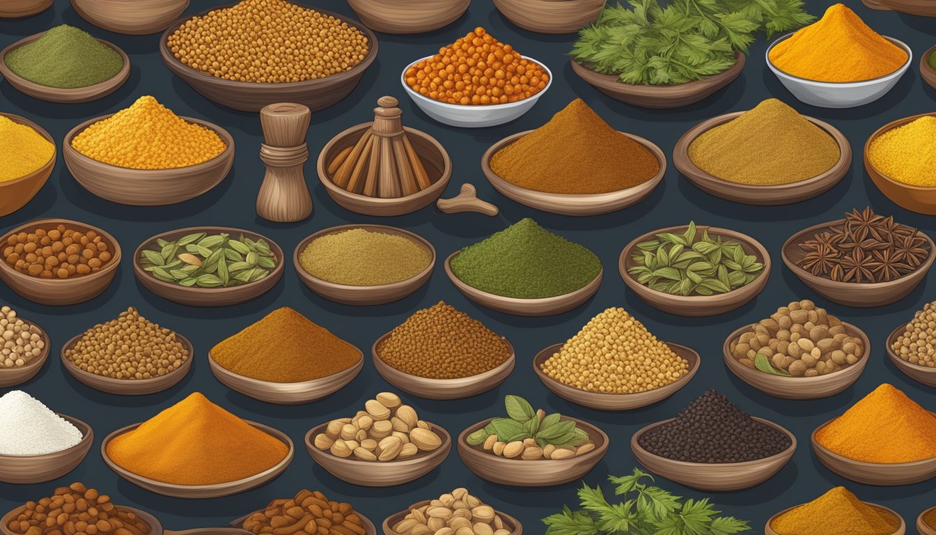 A vibrant array of whole spices and herbs, including coriander, cumin, and turmeric, are carefully blended to create the rich and aromatic chole masala powder