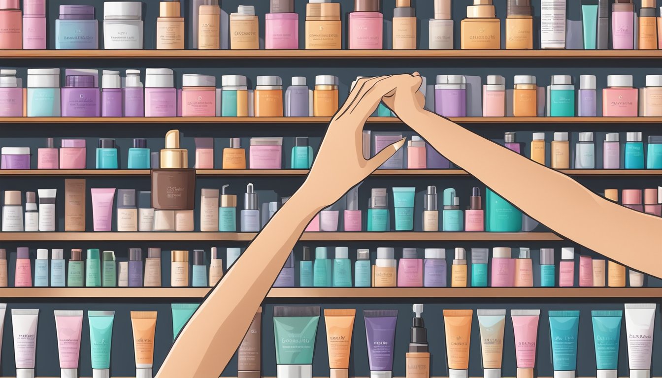 A hand reaching for a variety of BB cream tubes on a shelf, with different shades and formulas displayed