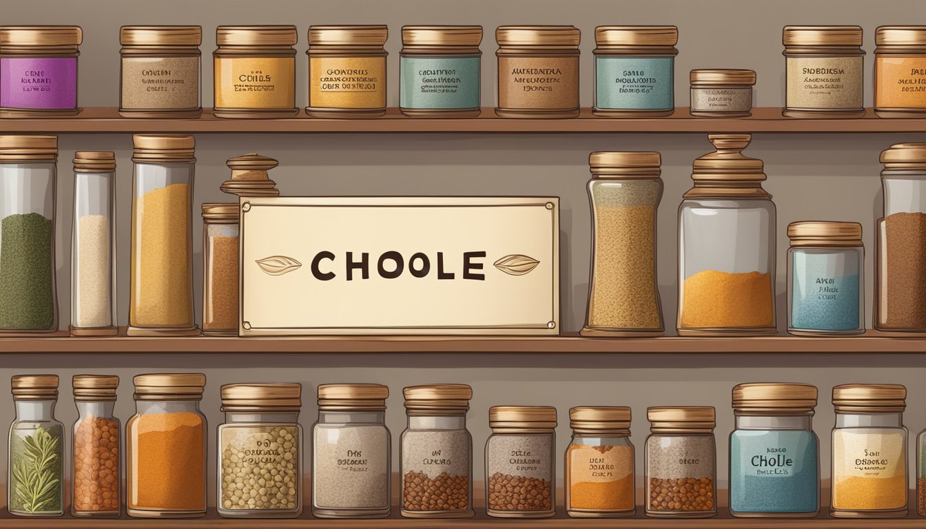 A colorful display of various spices and herbs arranged neatly on a shelf, with a prominent container labeled "Chole Masala Powder" for sale