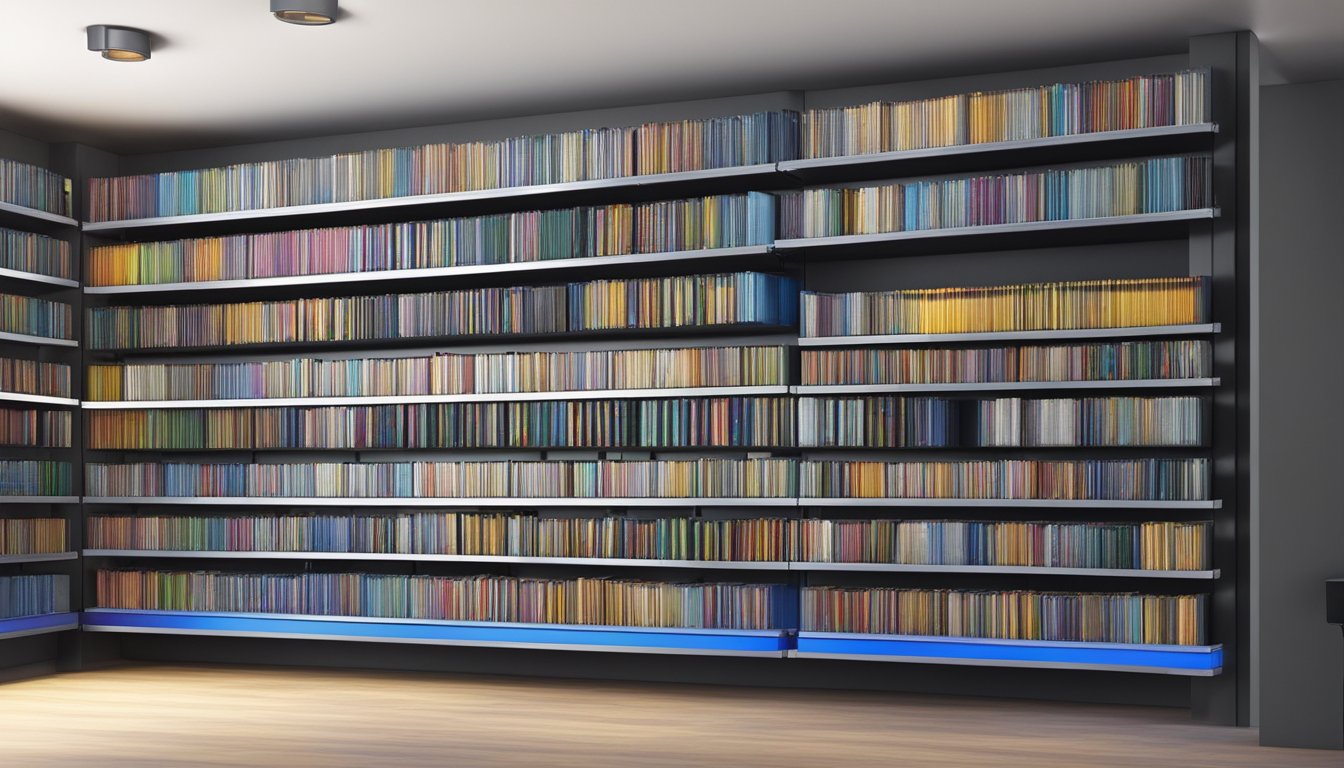A stack of colorful Blu-ray cases arranged neatly on a shelf, with titles facing outwards. The room is well-lit, creating a warm and inviting atmosphere