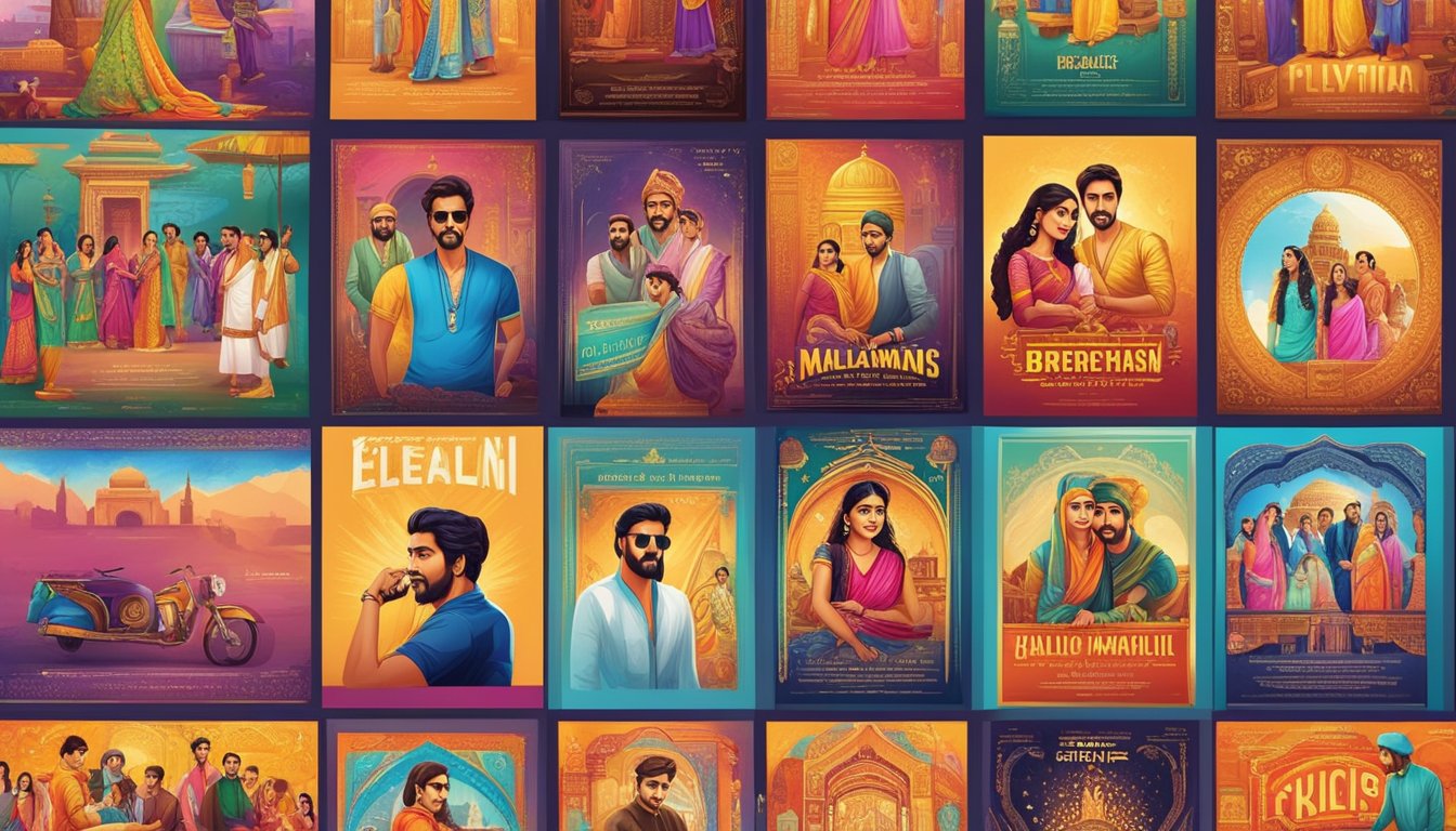 Colorful Bollywood posters displayed in a vibrant online store. Various movie titles and actors depicted in eye-catching designs
