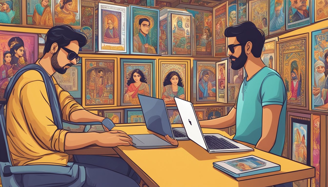 A person browsing a laptop, selecting and purchasing Bollywood posters from an online store