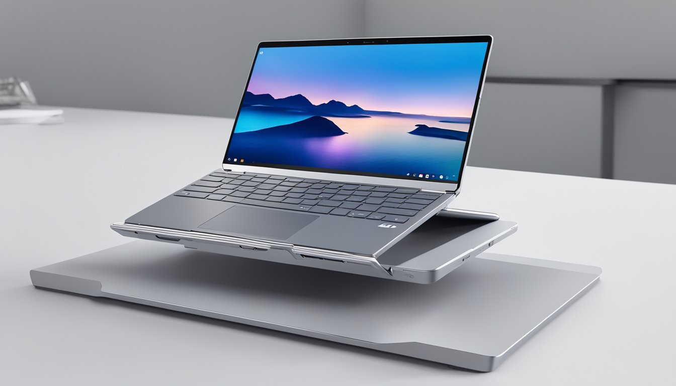 A sleek Asus Chromebook Flip C434 sits on a modern display stand at Best Buy, showcasing its innovative design and features