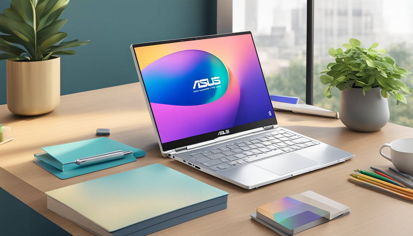 The Asus Chromebook Flip C434 sits on a sleek desk, surrounded by modern office accessories. The screen displays a seamless user interface, with vibrant colors and smooth transitions, showcasing its exceptional performance and user experience