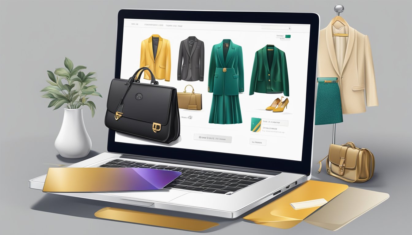 A laptop displaying luxury clothing websites, with a sleek logo and high-quality product images. A credit card sits nearby, ready for online purchases