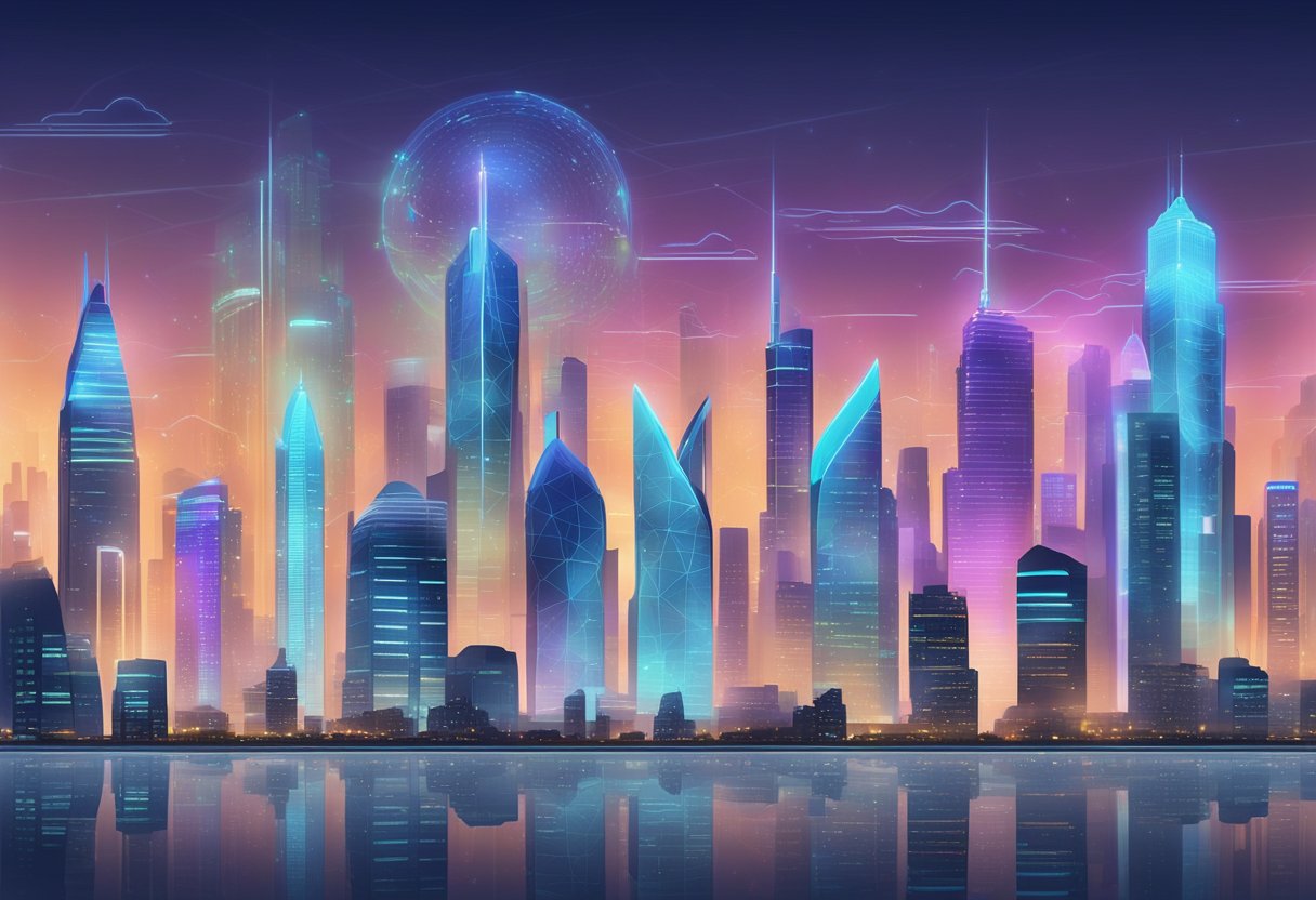 A futuristic city skyline with holographic banking app interfaces projected onto buildings and floating screens, showcasing seamless digital transactions and personalized financial services