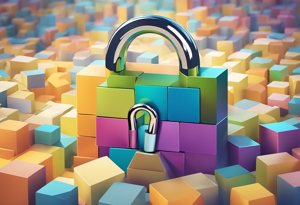 A padlock symbolizing security surrounded by interconnected blocks representing blockchain technology in a digital landscape