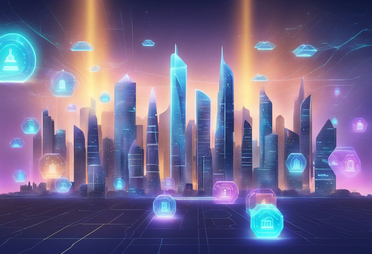 A futuristic city skyline with holographic banking app interfaces floating in the air, showcasing seamless integration and advanced security features