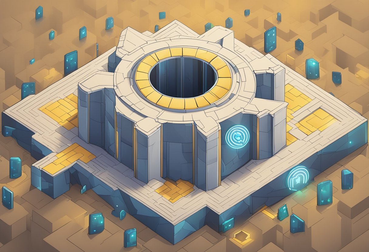 A fortress surrounded by digital barriers, with a keyhole representing vulnerabilities, and a shield symbolizing blockchain security