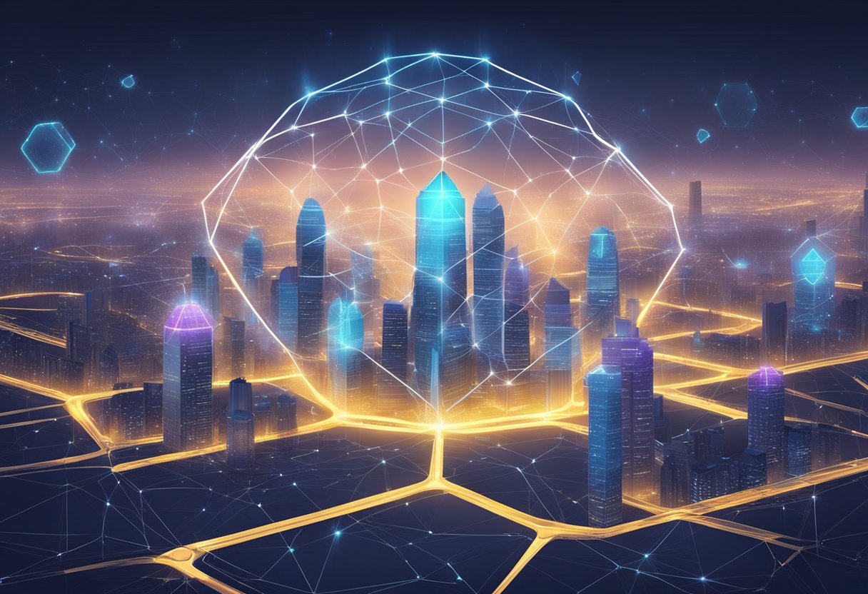 A futuristic city skyline with interconnected blockchain nodes forming a protective shield around it. The nodes emit a glowing, secure energy, symbolizing the future of blockchain in security
