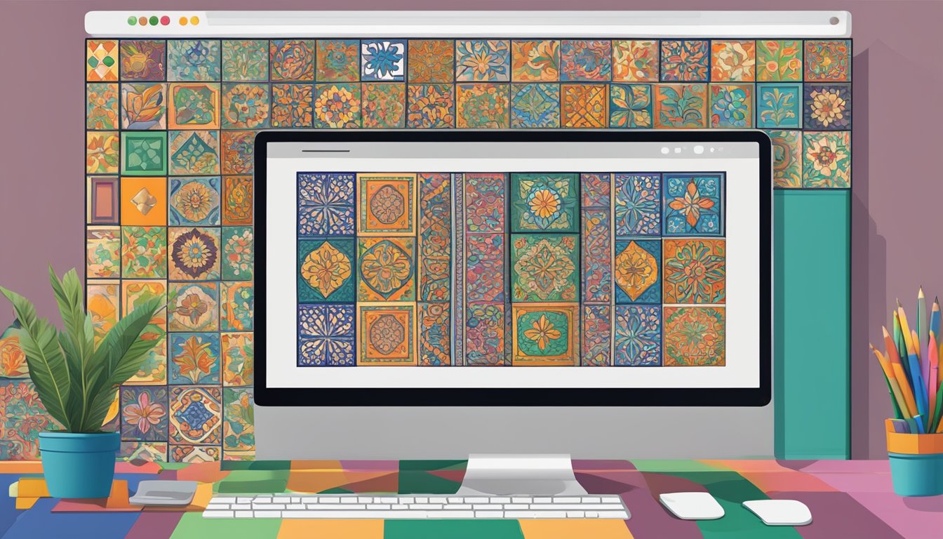 A computer screen displaying a website with various colorful Peranakan tiles for sale. A cursor hovers over the "buy now" button