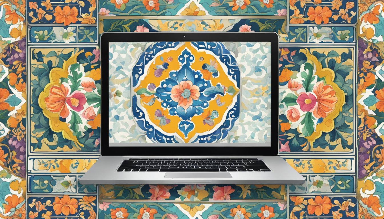 Colorful Peranakan tiles arranged in a pattern, with a computer or mobile device displaying "Frequently Asked Questions peranakan tiles buy online" in the background