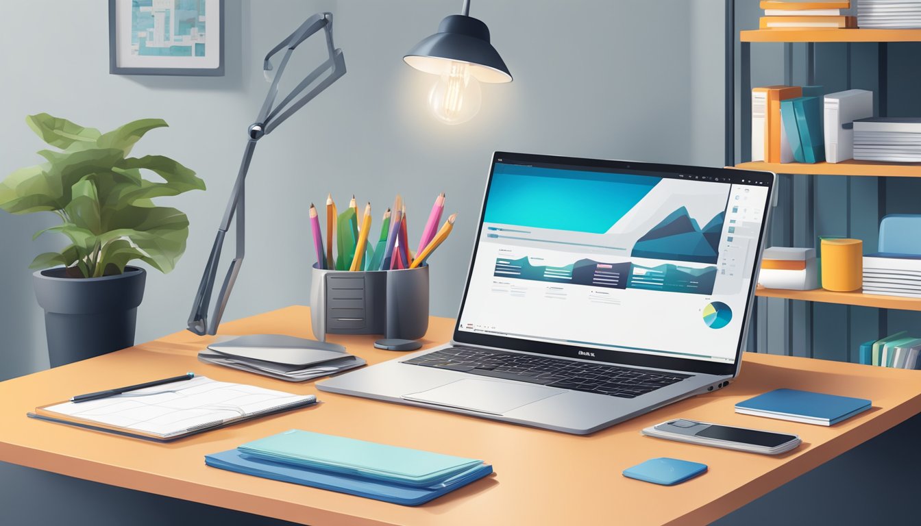 A Dell touch screen laptop sits on a sleek desk, surrounded by modern office supplies and a stylish lamp
