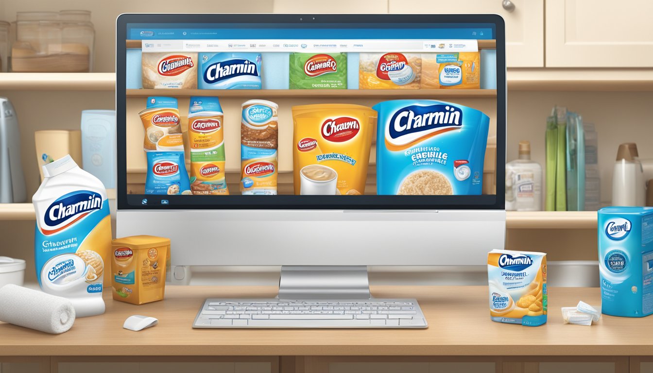 A computer screen displaying the Charmin website with a virtual shopping cart filled with Charmin products