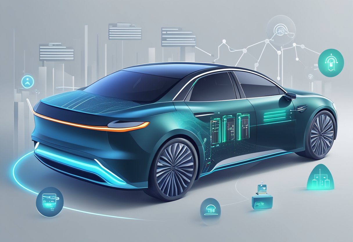AI algorithms optimize EV performance, reducing energy consumption. Car with AI system, battery, and electric motor. Data flowing between components