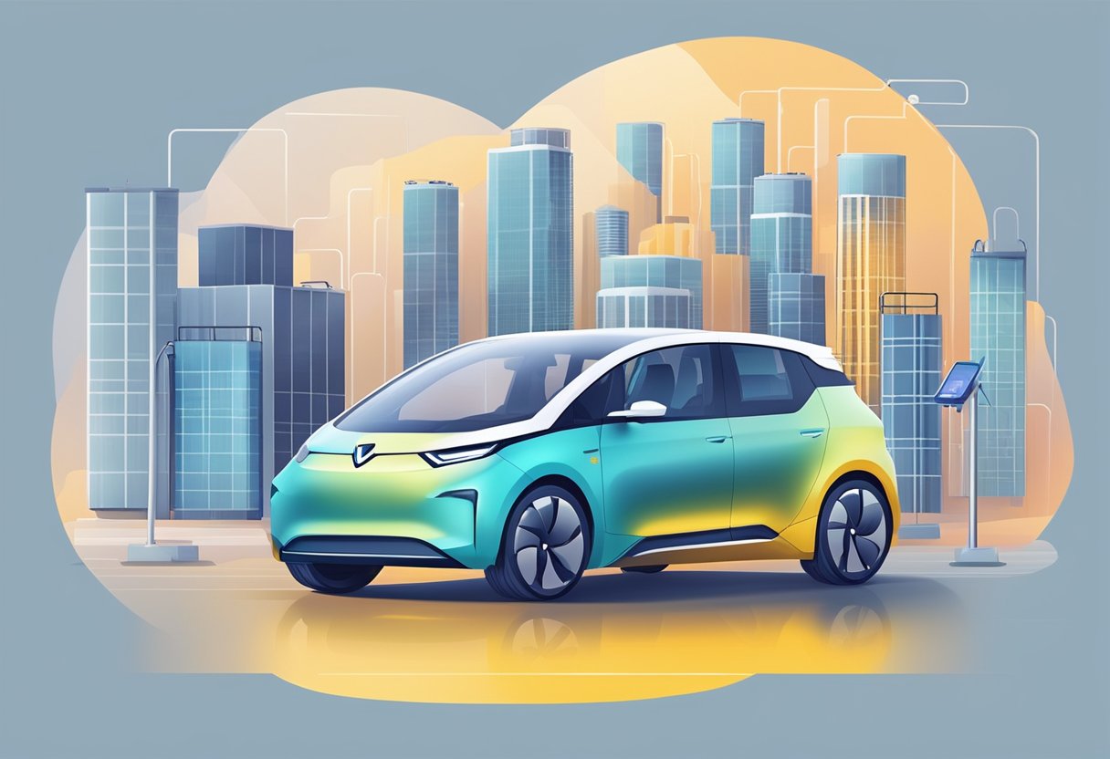 An electric vehicle connected to an AI-driven energy management system, optimizing efficiency and reducing emissions