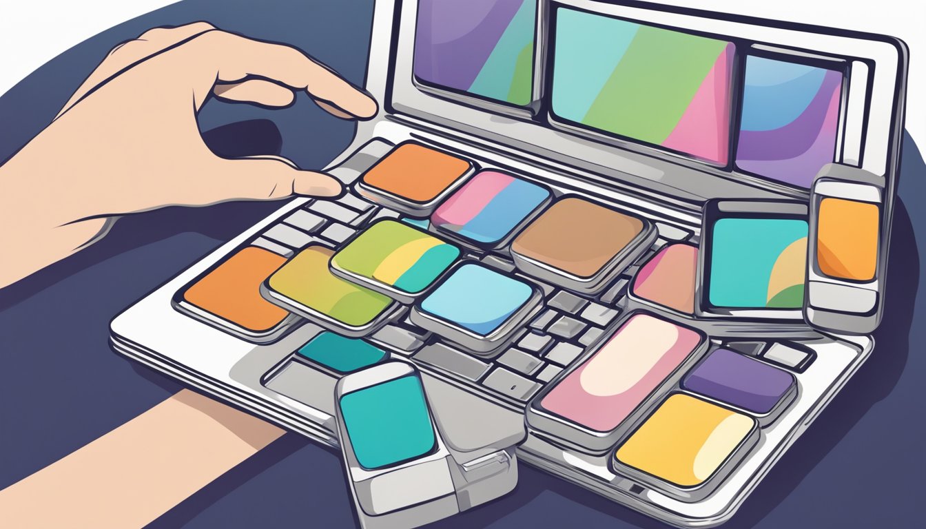 A hand holding a computer or smartphone, browsing a variety of foundation products online with a focused expression