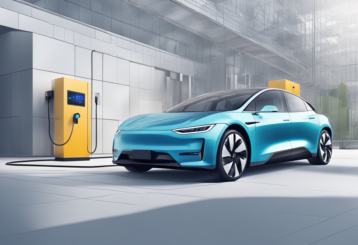 An electric vehicle with AI technology optimizing energy use, with data streams connecting to a central system for real-time analysis and adjustments