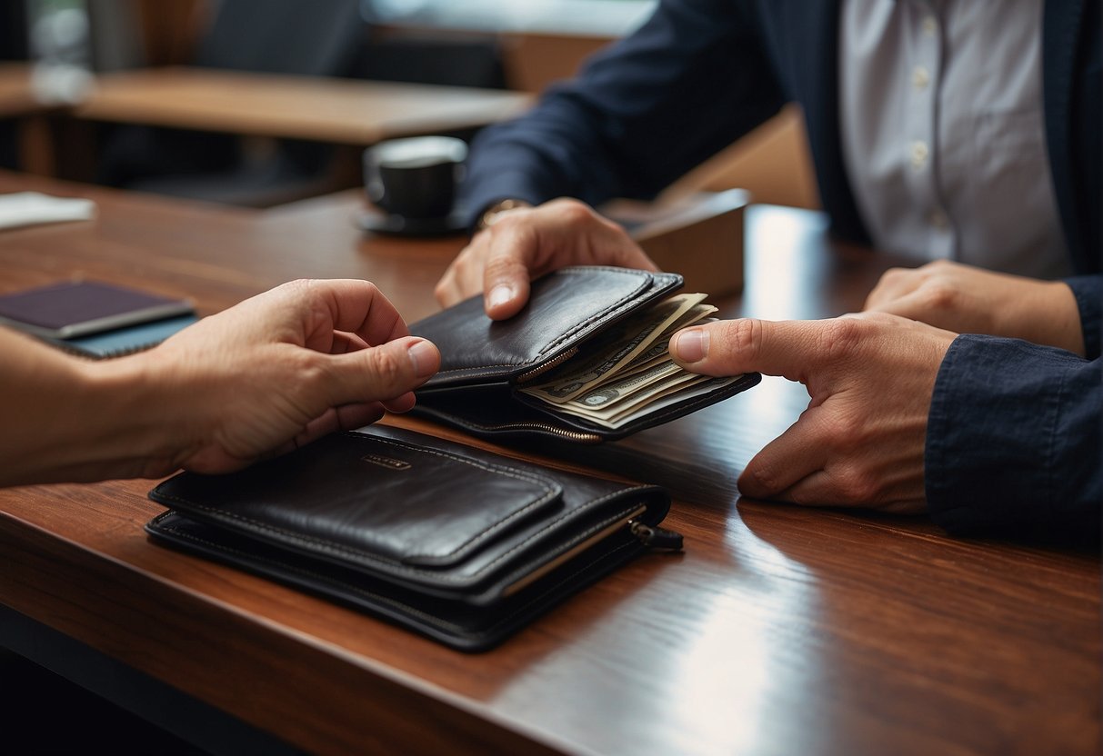 A hand places a Bonk wallet on a table, next to an Autobid Bonk wallet. The wallets are neatly arranged and ready for use