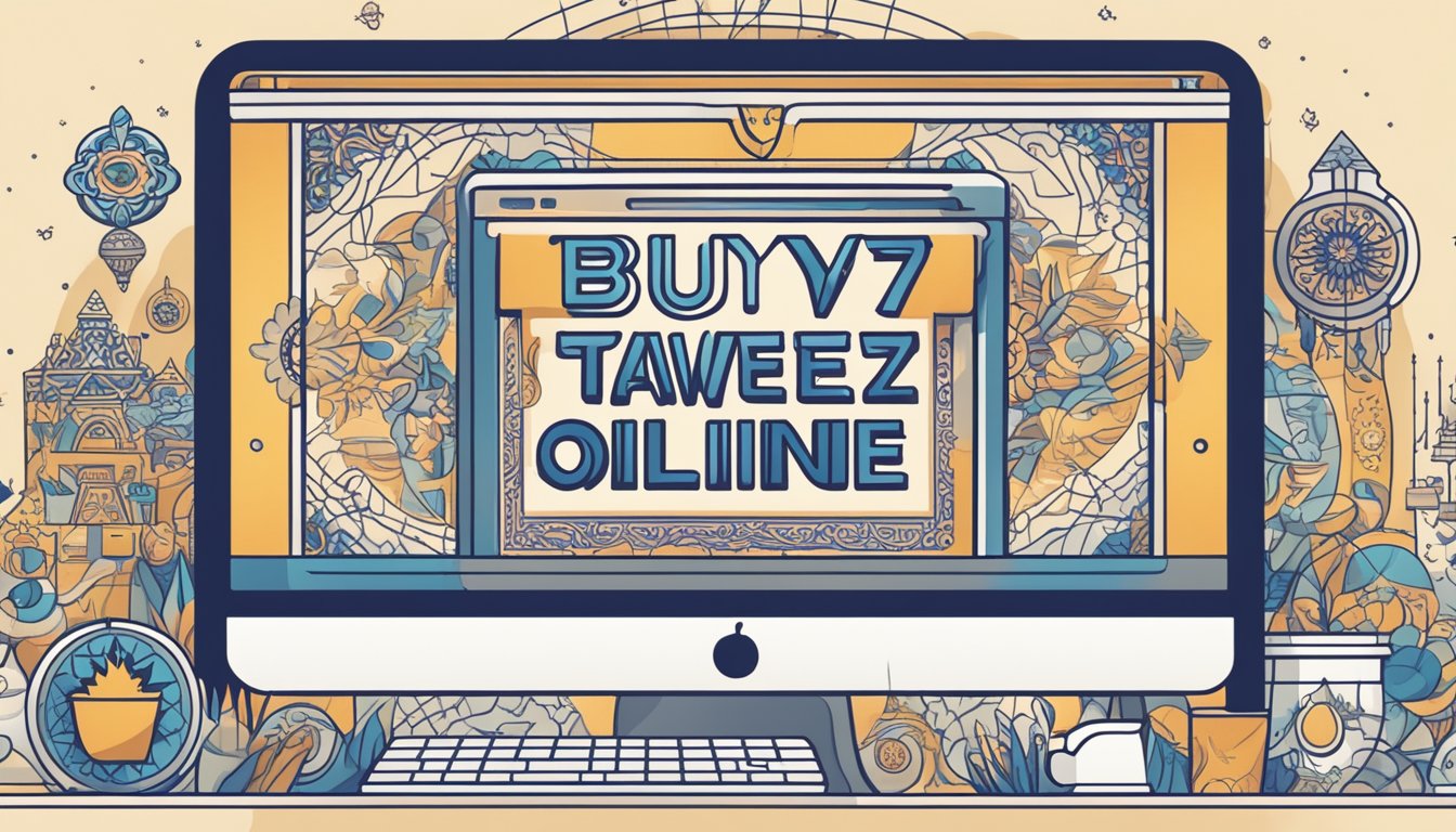 A computer screen displaying a website with the words "buy taweez online" in bold lettering, surrounded by various mystical symbols and intricate designs