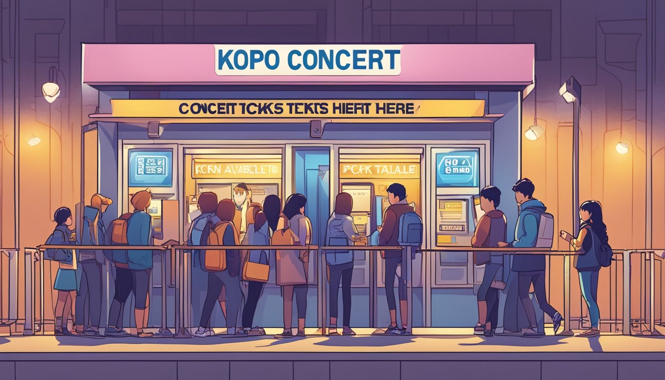 Fans lining up at ticket booth, exchanging cash for concert tickets. Brightly lit sign reads "Kpop Concert Tickets Available Here."