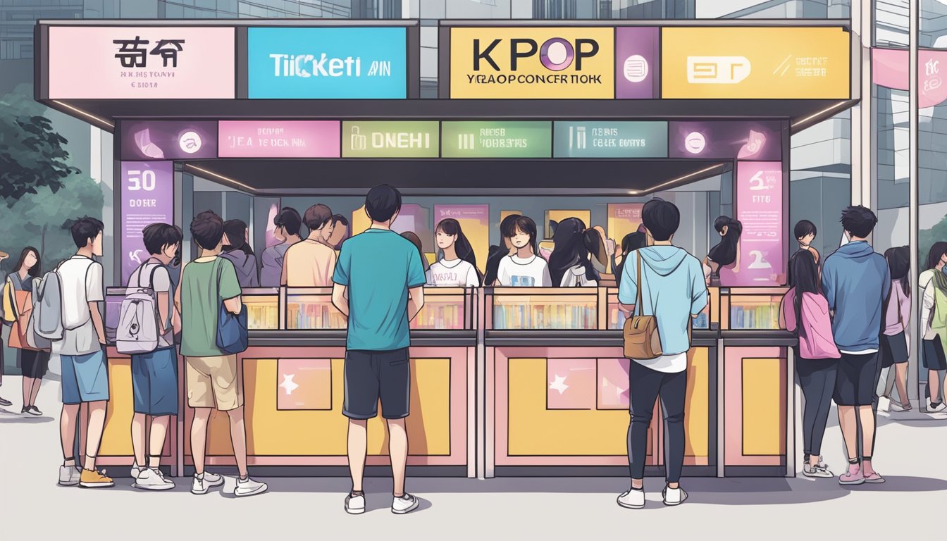 A group of people lining up outside a ticket booth in Singapore, with signs and banners promoting a kpop concert