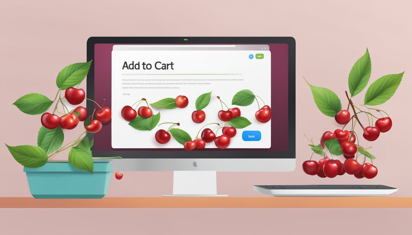 Fresh cherries displayed on a computer screen with an "add to cart" button